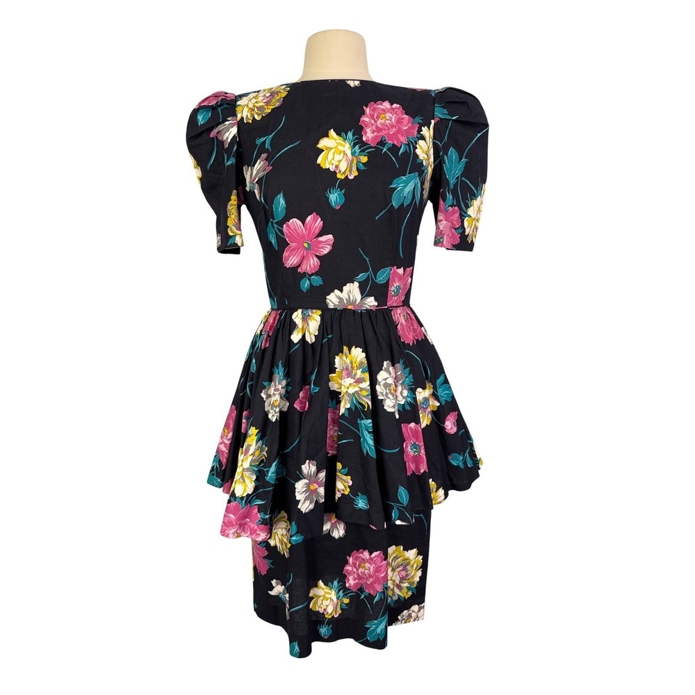 Leslie Lucks Vintage 80s Floral Peplum Dress Black Pink‎ Puff Sleeve 36 bust USA